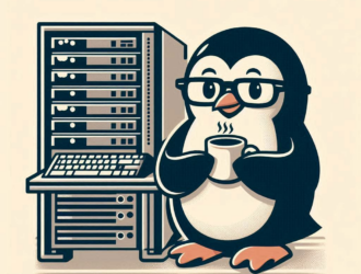 tux penguin standing next to a computer server