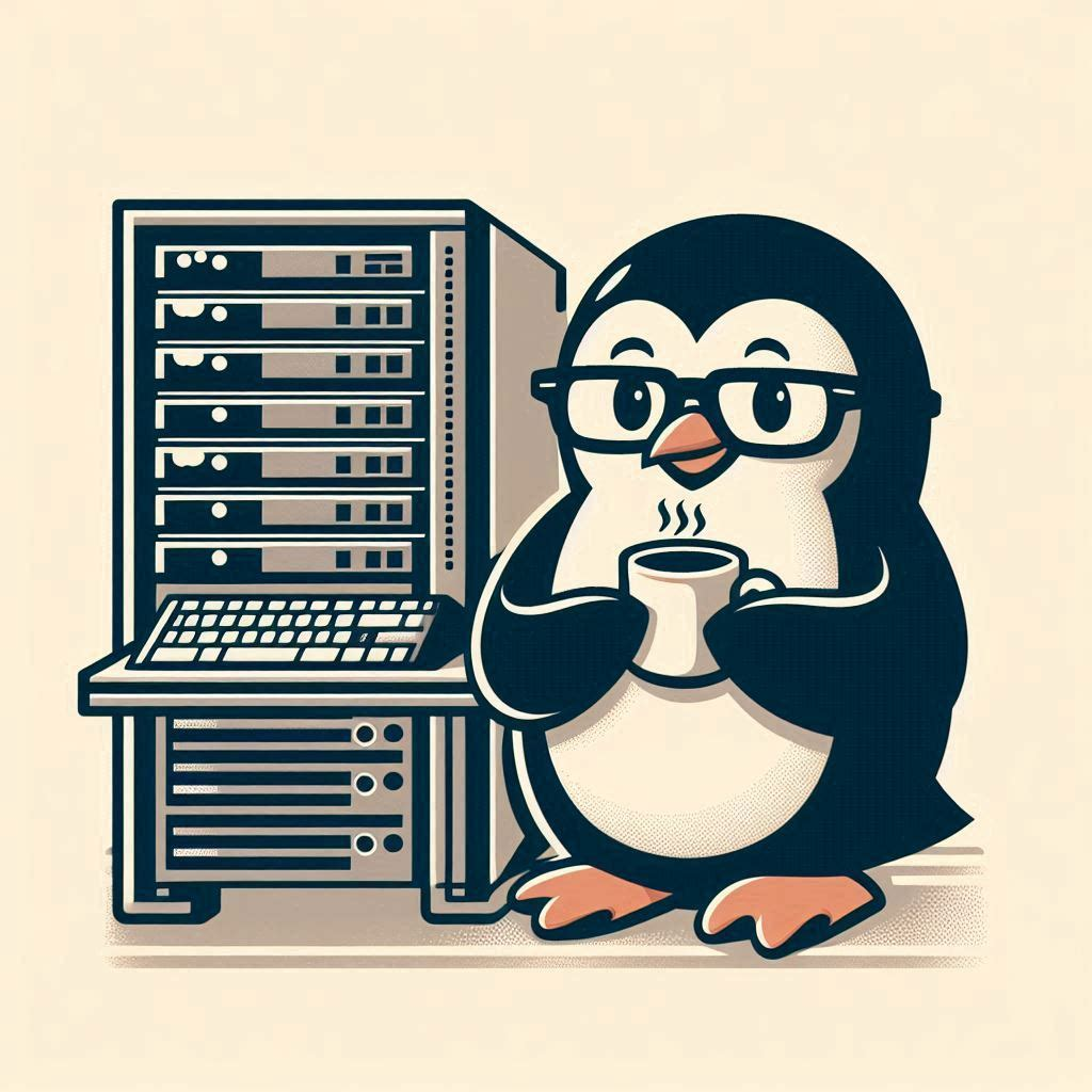 tux penguin standing next to a computer server